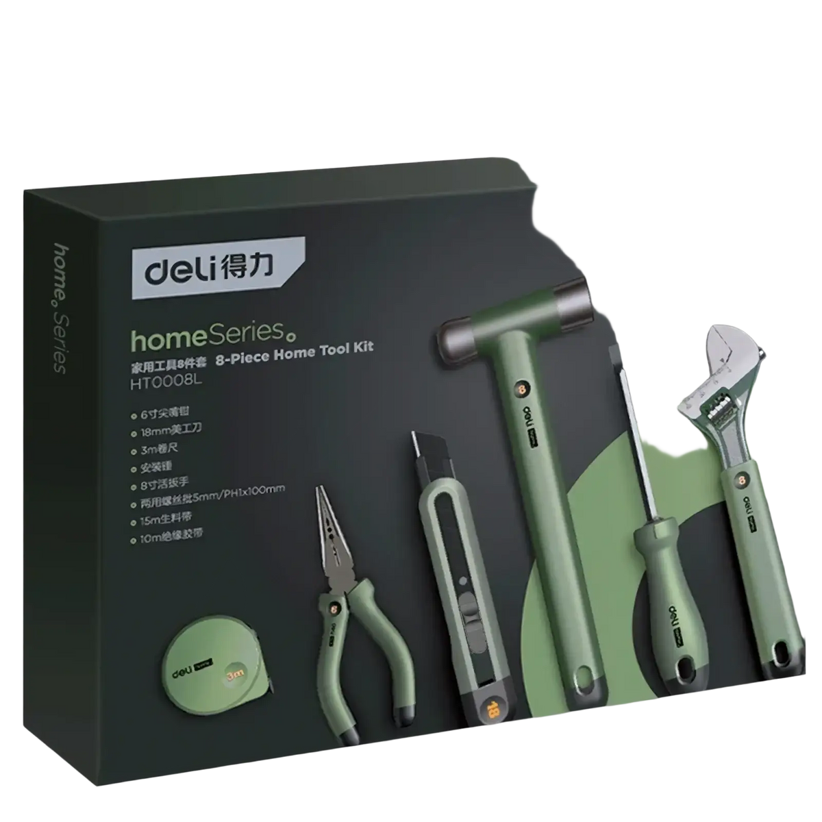 Deli multitool hand repair tool kit with 8 sage green and black pieces including hammer, screwdriver, and pliers
