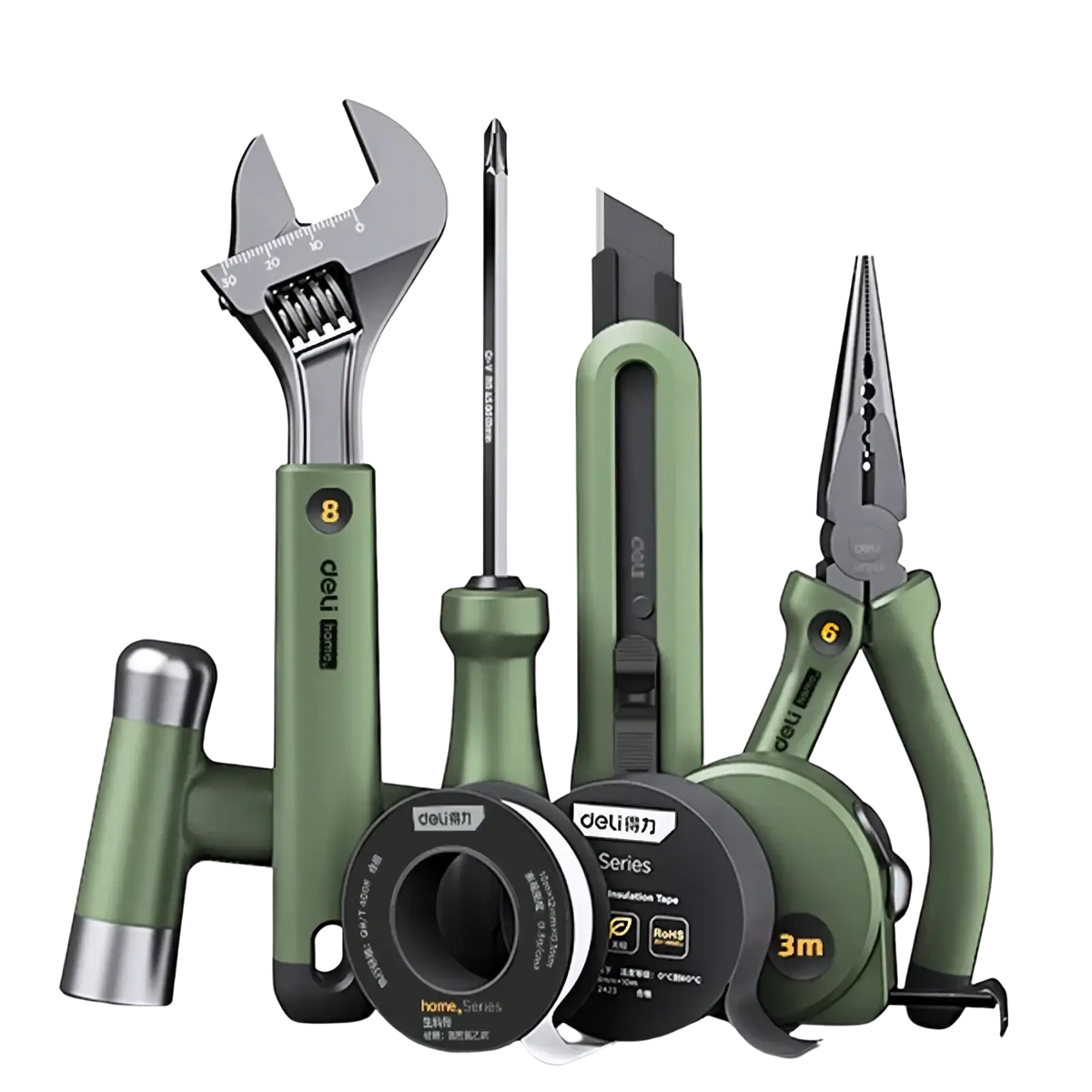 Olive green and silver deli multitool hand repair tool kit with adjustable wrench screwdriver and hammer for versatile use