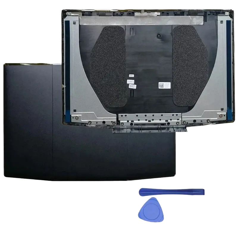 Black dell g3 3590 laptop back panel with silver metal frame and textured grip pads bezel hinges palmrest assembly