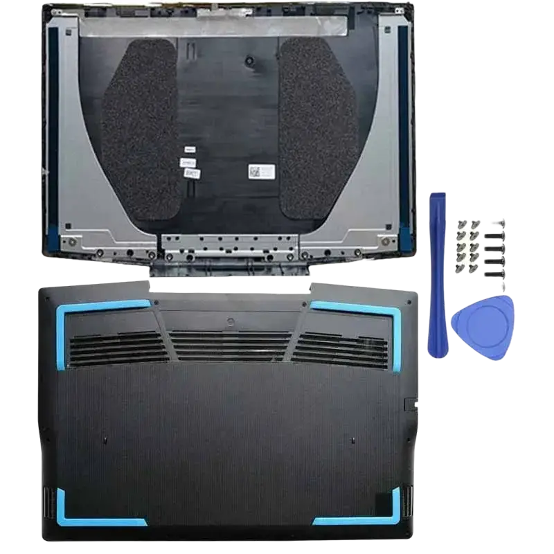 Dell G3 3590 black laptop base with blue accent and textured surface shown with matching back panel bezel hinges palmrest