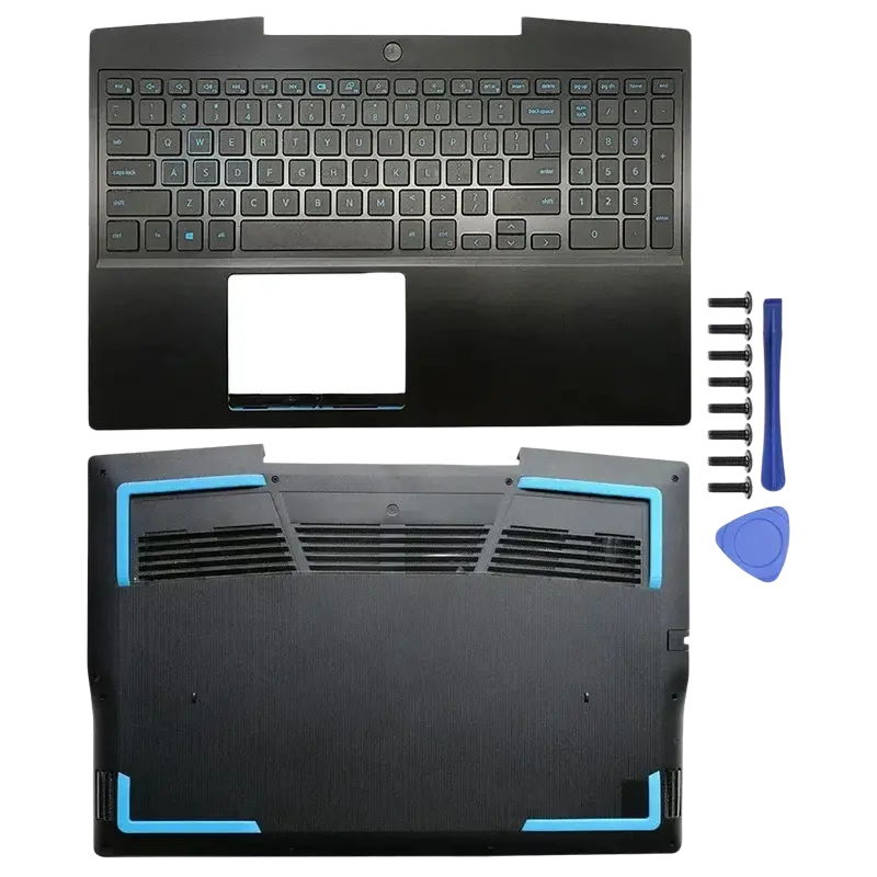 Black Dell G3 3590 laptop keyboard and palmrest assembly with blue accent trim and bezel hinges palmrest replacement