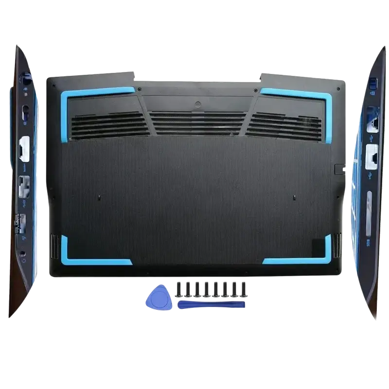 Dell g3 3590 black laptop base with blue trim and ventilation grilles featuring durable bezel hinges palmrest assembly