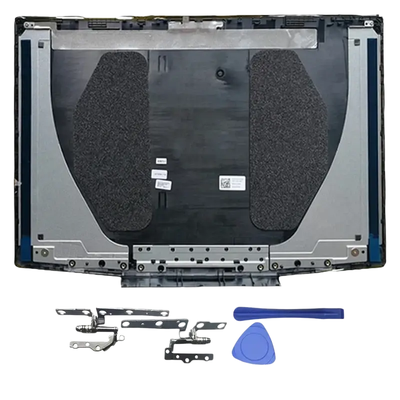 Silver dell g3 3590 bezel hinges palmrest replacement assembly with black foam padding, metal screws, and blue pry tool