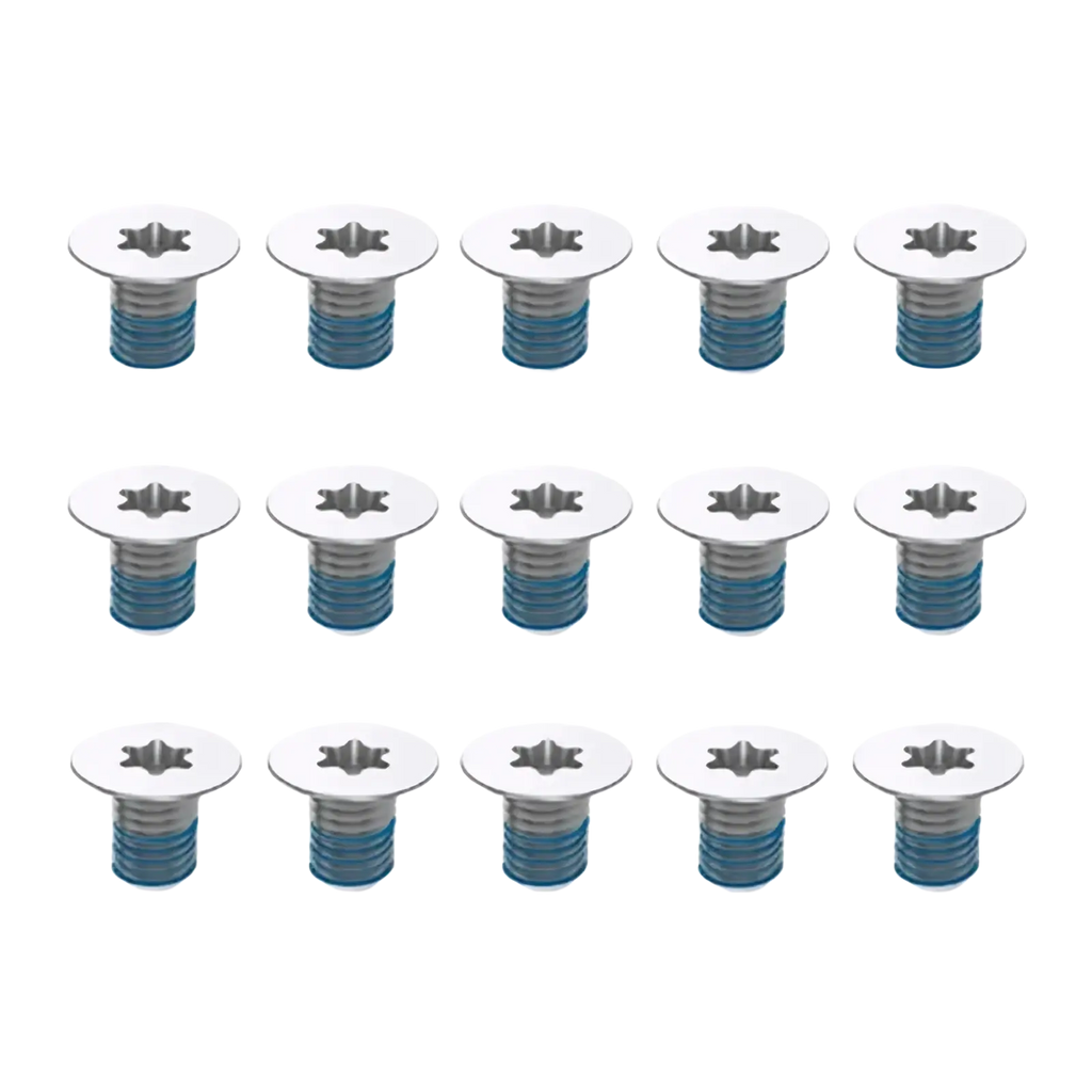 Set of 15 stainless steel Dell XPS bottom case screws with star-shaped heads and blue threaded shafts