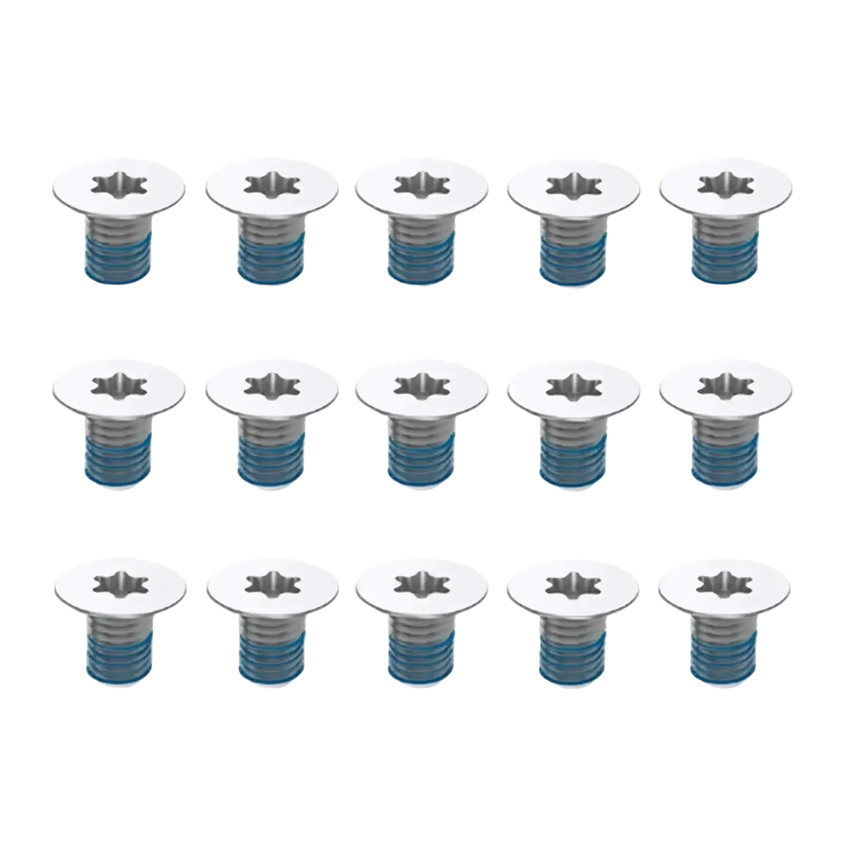 Set of 15 stainless steel Dell XPS bottom case screws with star-shaped heads and blue threaded shafts