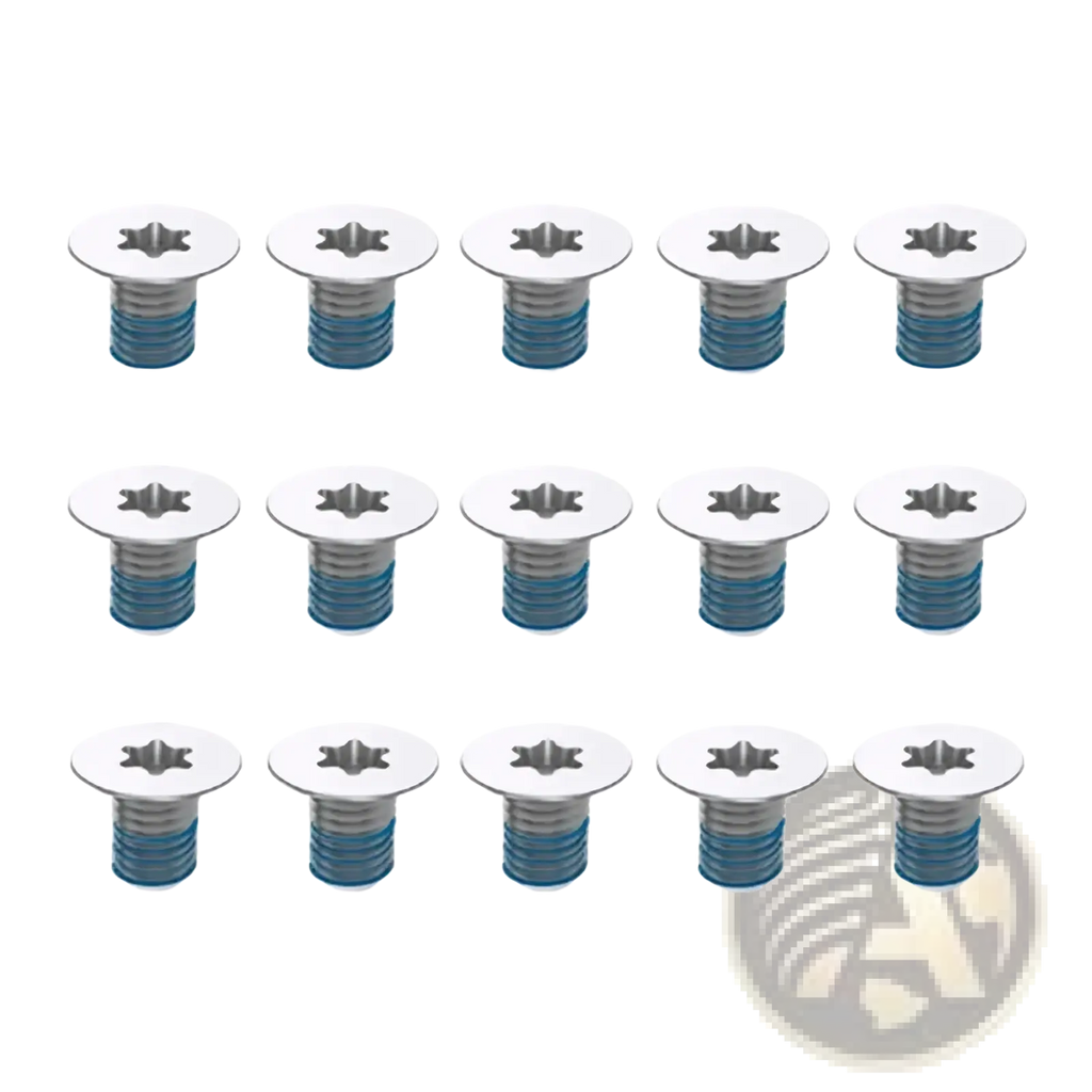 Set of 15 stainless steel Dell XPS bottom case screws with star-shaped heads and blue threaded shafts