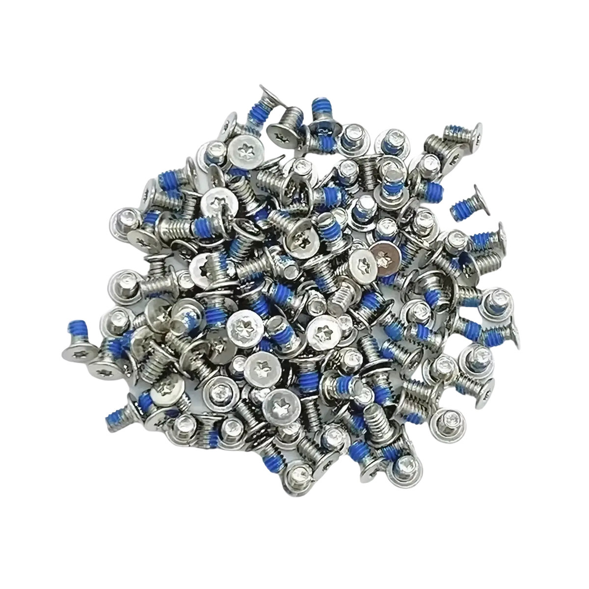 A pile of silver-colored Phillips head Dell XPS bottom case screws with blue thread-locking tape on the threads