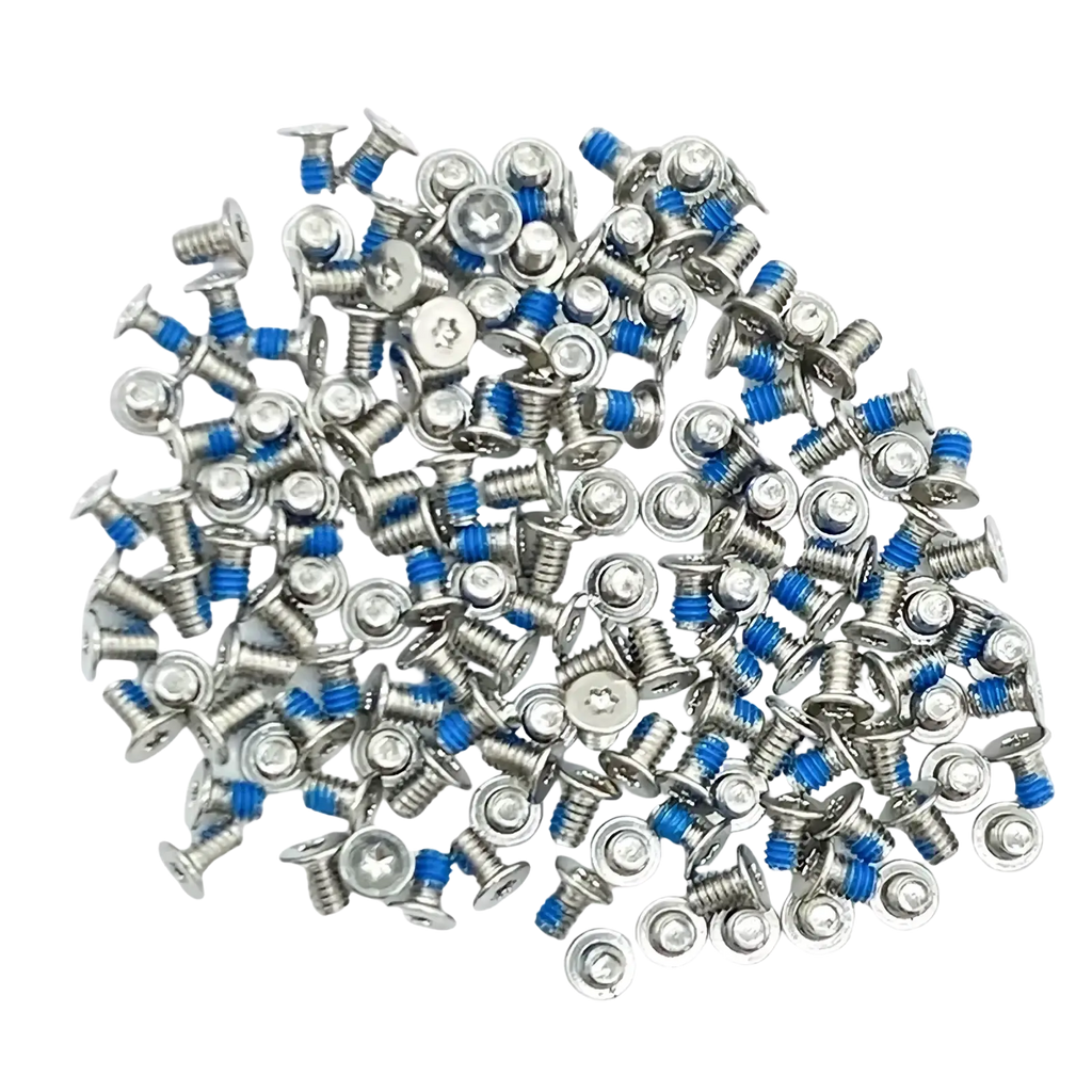 A pile of silver-colored Dell Xps bottom case screws with blue plastic inserts for secure assembly