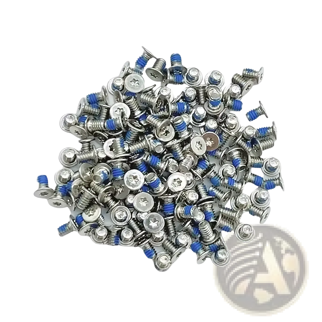 A pile of silver-colored Phillips head Dell XPS bottom case screws with blue thread-locking tape on the threads