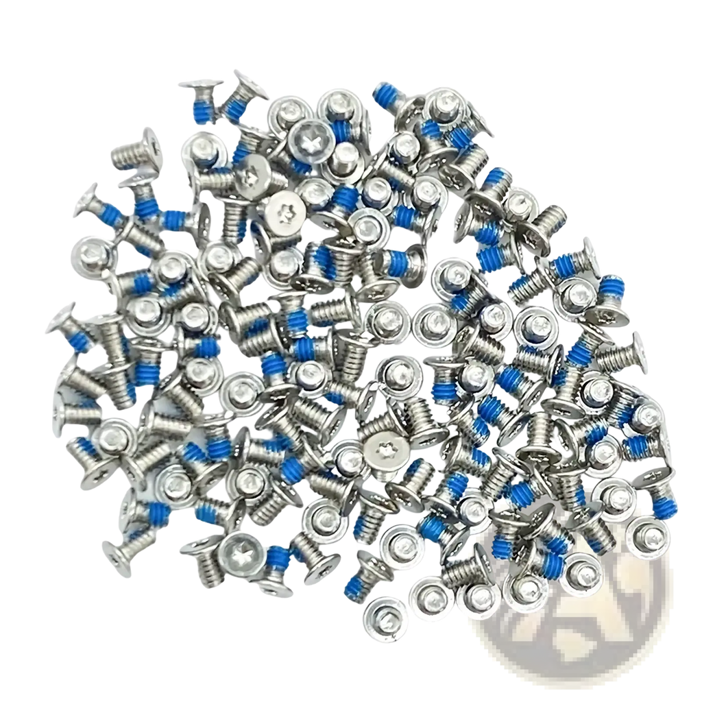 A pile of silver-colored Dell Xps bottom case screws with blue plastic inserts for secure assembly