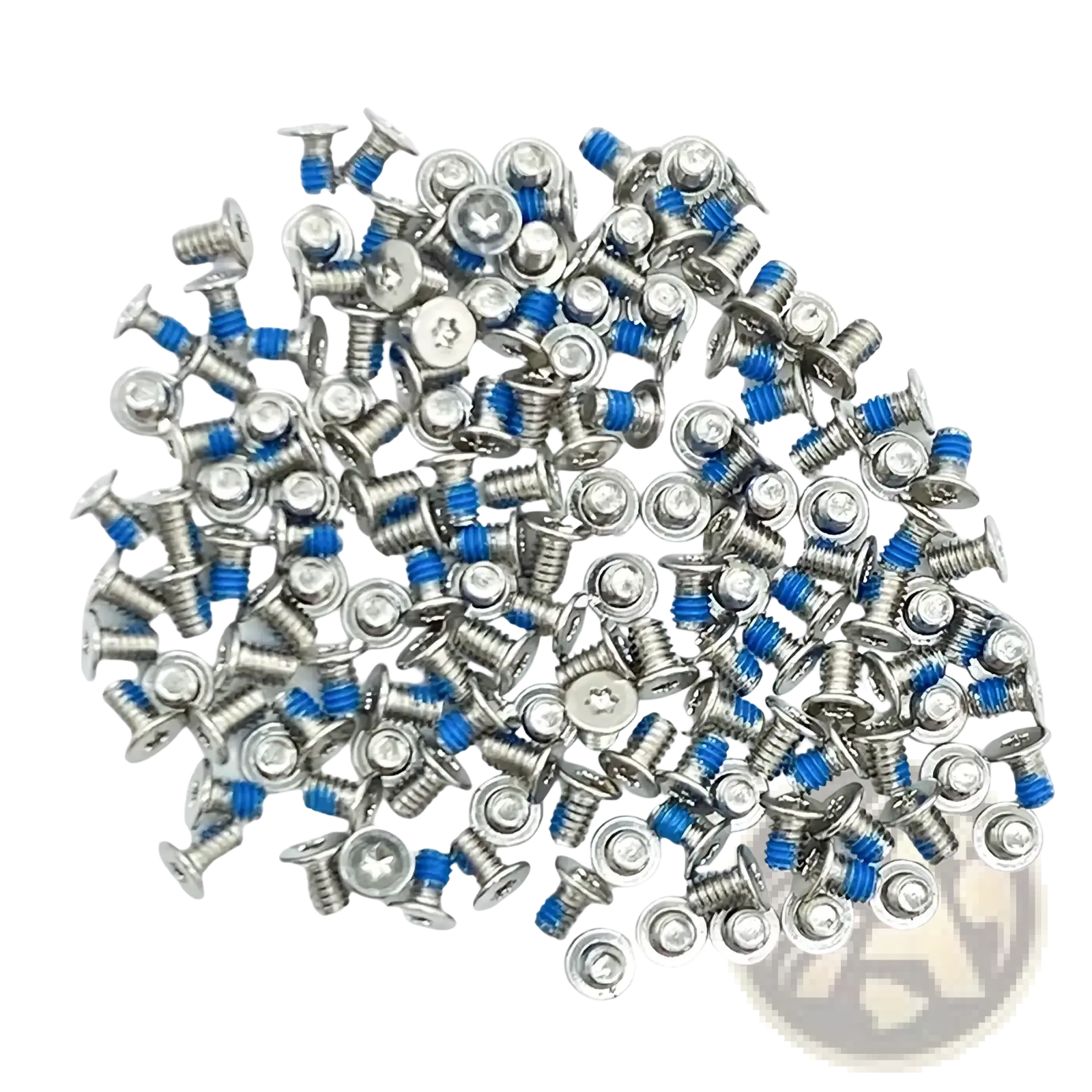 A pile of silver-colored Dell Xps bottom case screws with blue plastic inserts for secure assembly