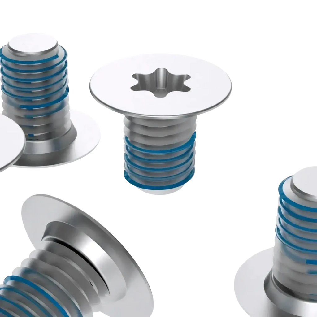 Silver Dell Xps bottom case screws set with blue threaded inserts and star-shaped drive heads