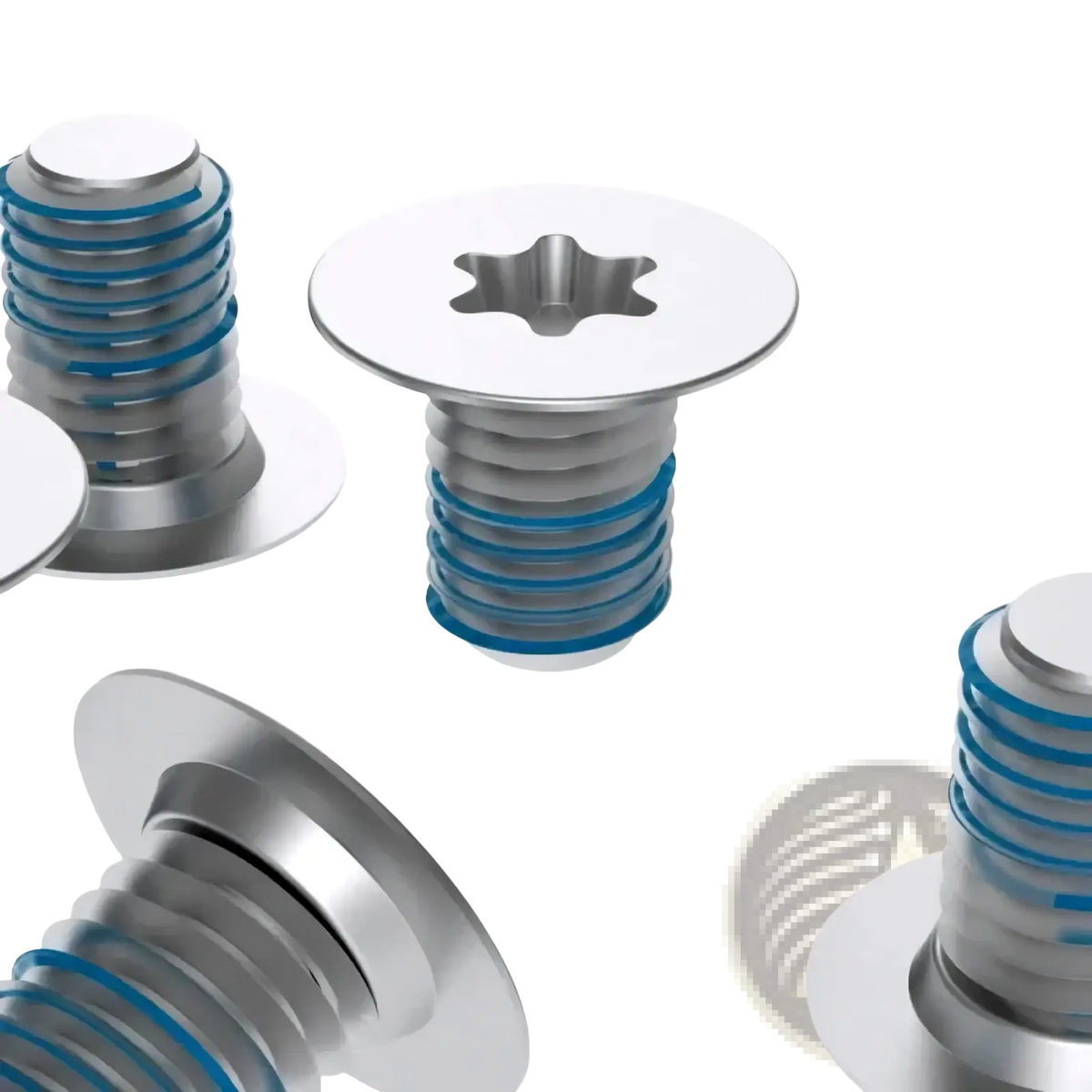 Silver Dell Xps bottom case screws set with blue threaded inserts and star-shaped drive heads