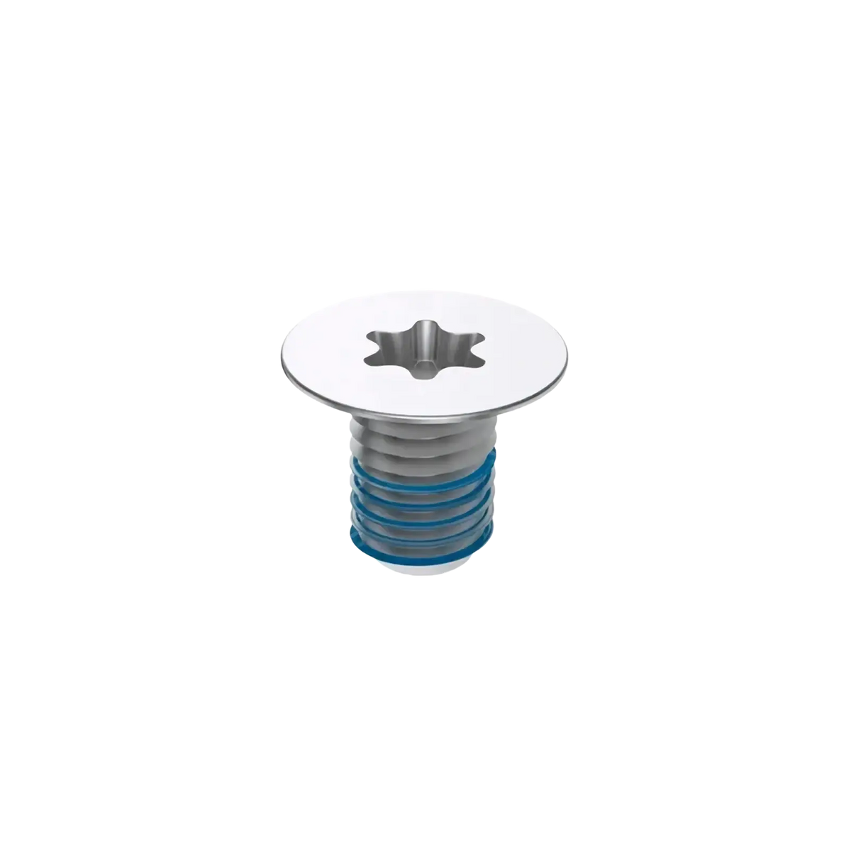 Silver-colored stainless steel Dell XPS bottom case screw with star-shaped drive head and blue-coated threaded shaft