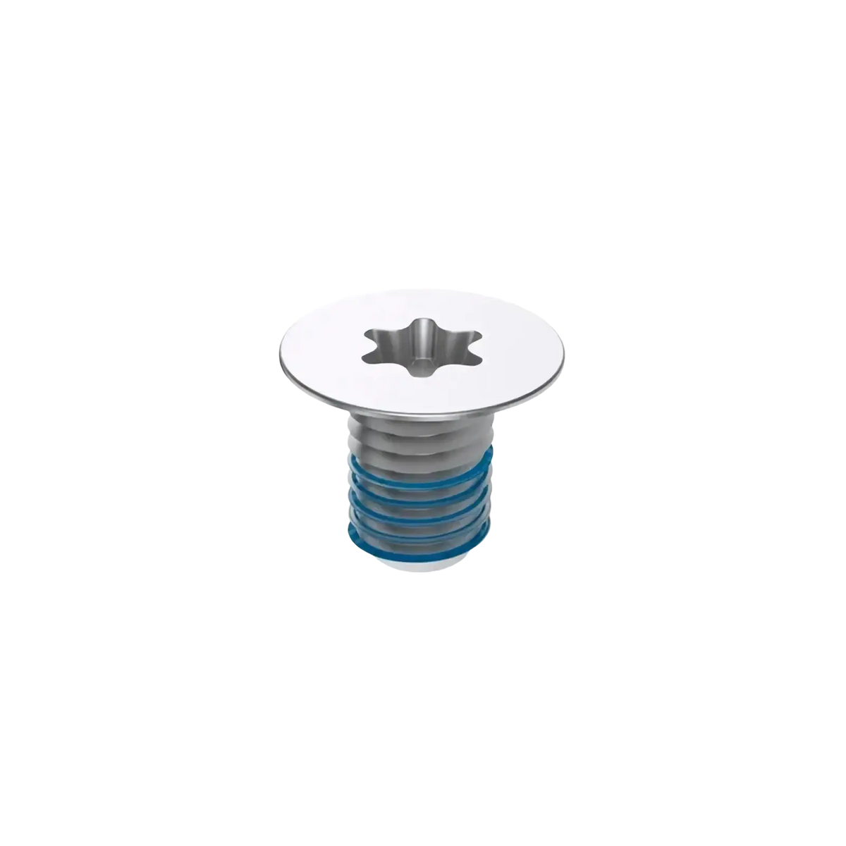 Silver-colored stainless steel dell xps bottom case screw with star-shaped drive head and blue-coated threaded shaft