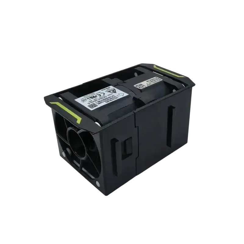 Black plastic delta 20000 rpm blower fan with yellow accent stripes and qr code label showing certification marks