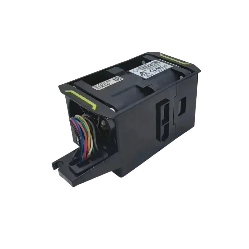 Black plastic delta 20000 rpm blower fan with yellow accent stripe and visible multi-colored wiring on back side