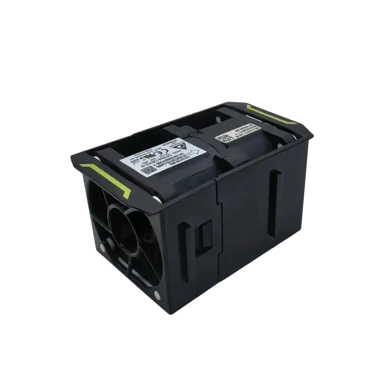 Black plastic housing with yellow accent stripes and qr code label on the Delta 20000 rpm blower fan back side