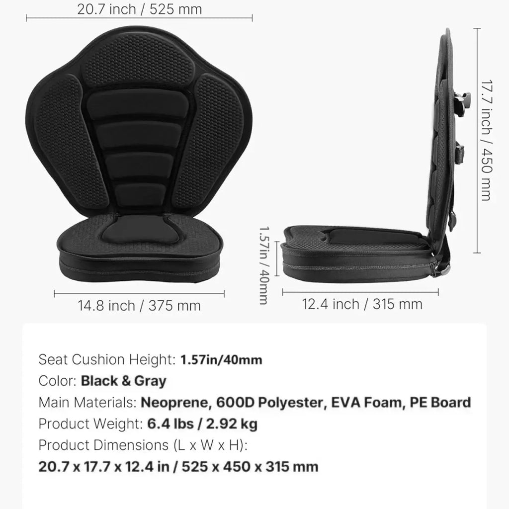 Black and gray neoprene deluxe padded kayak seat with eva foam and textured panels featuring zipper closure