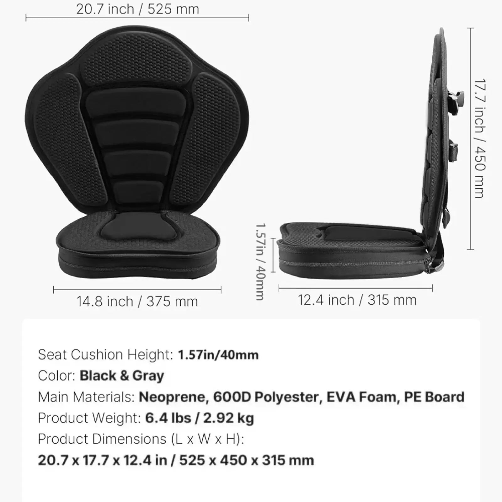 Black and gray neoprene deluxe padded kayak seat with eva foam and textured panels featuring zipper closure