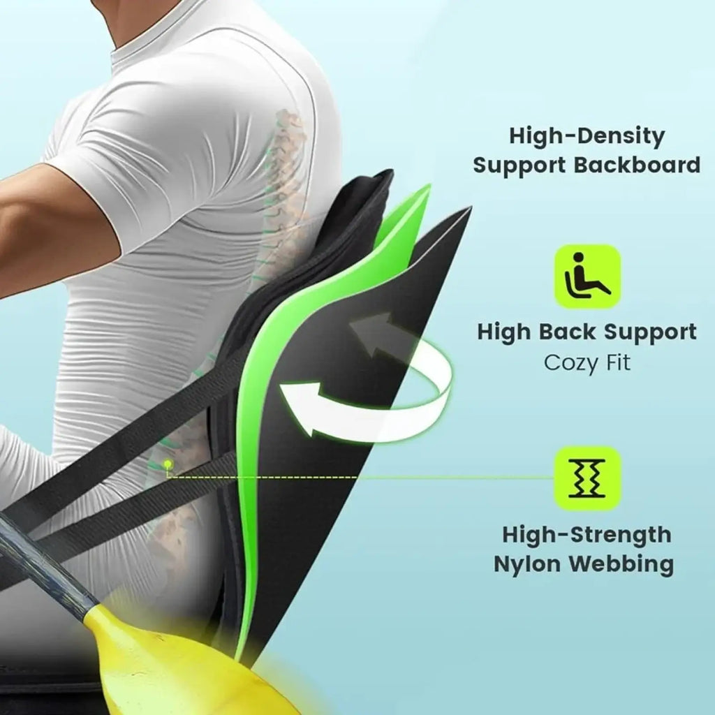 Deluxe padded kayak seat with adjustable black and green high-density back support brace and nylon webbing shown from back side