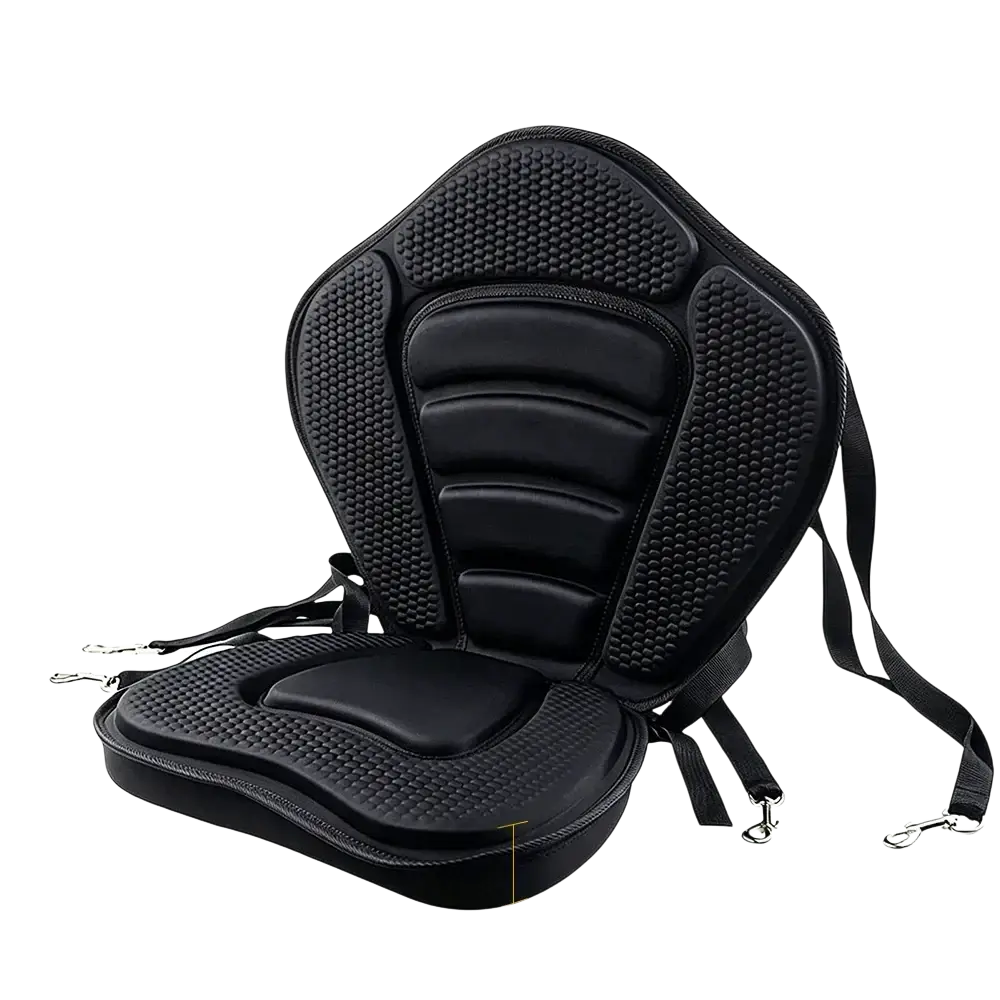 Deluxe padded kayak seat and adjustable backrest in black with textured grip and adjustable straps visible from the back side