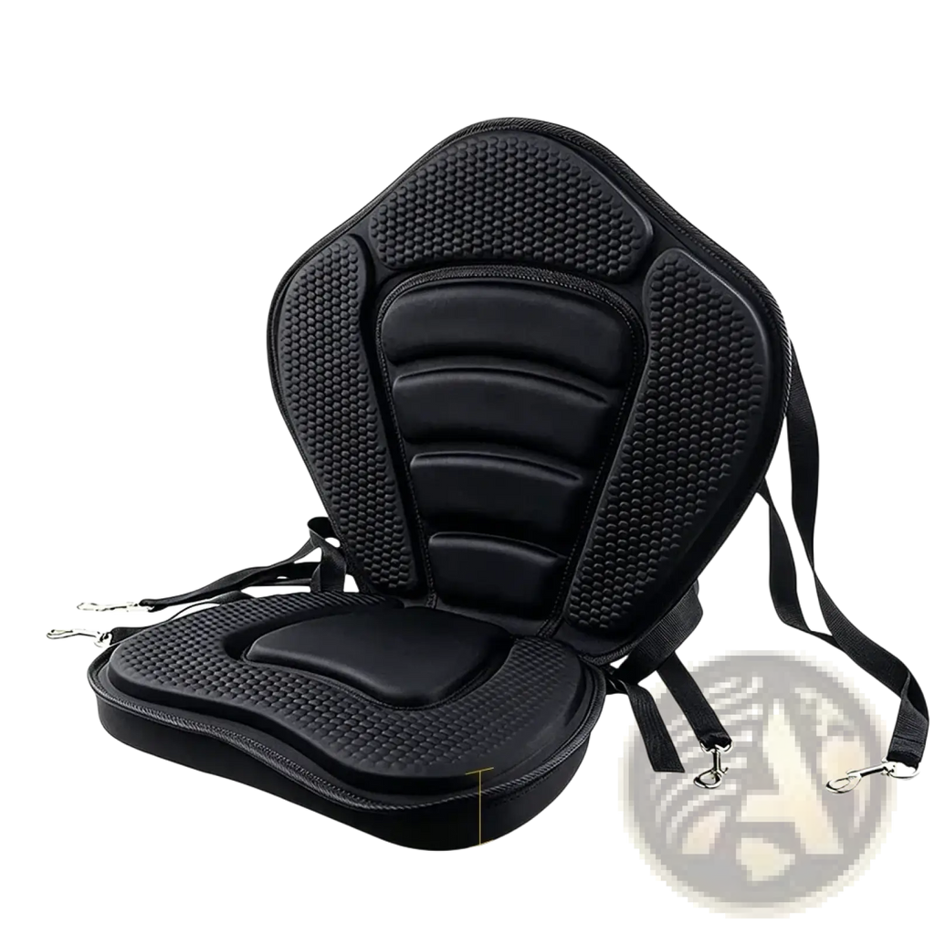 Deluxe padded kayak seat and adjustable backrest in black with textured grip and adjustable straps visible from the back side