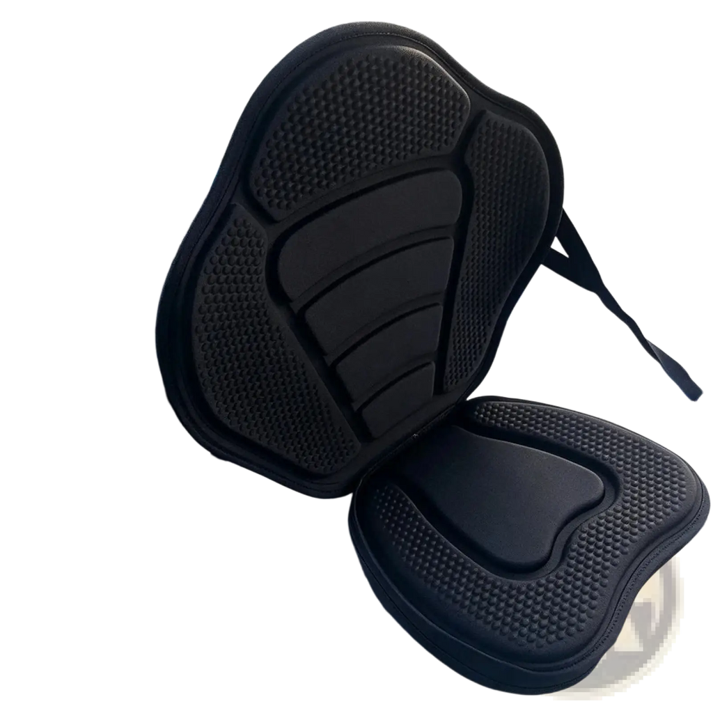Deluxe padded kayak seat with black textured foam contoured padding and adjustable straps for comfort and support