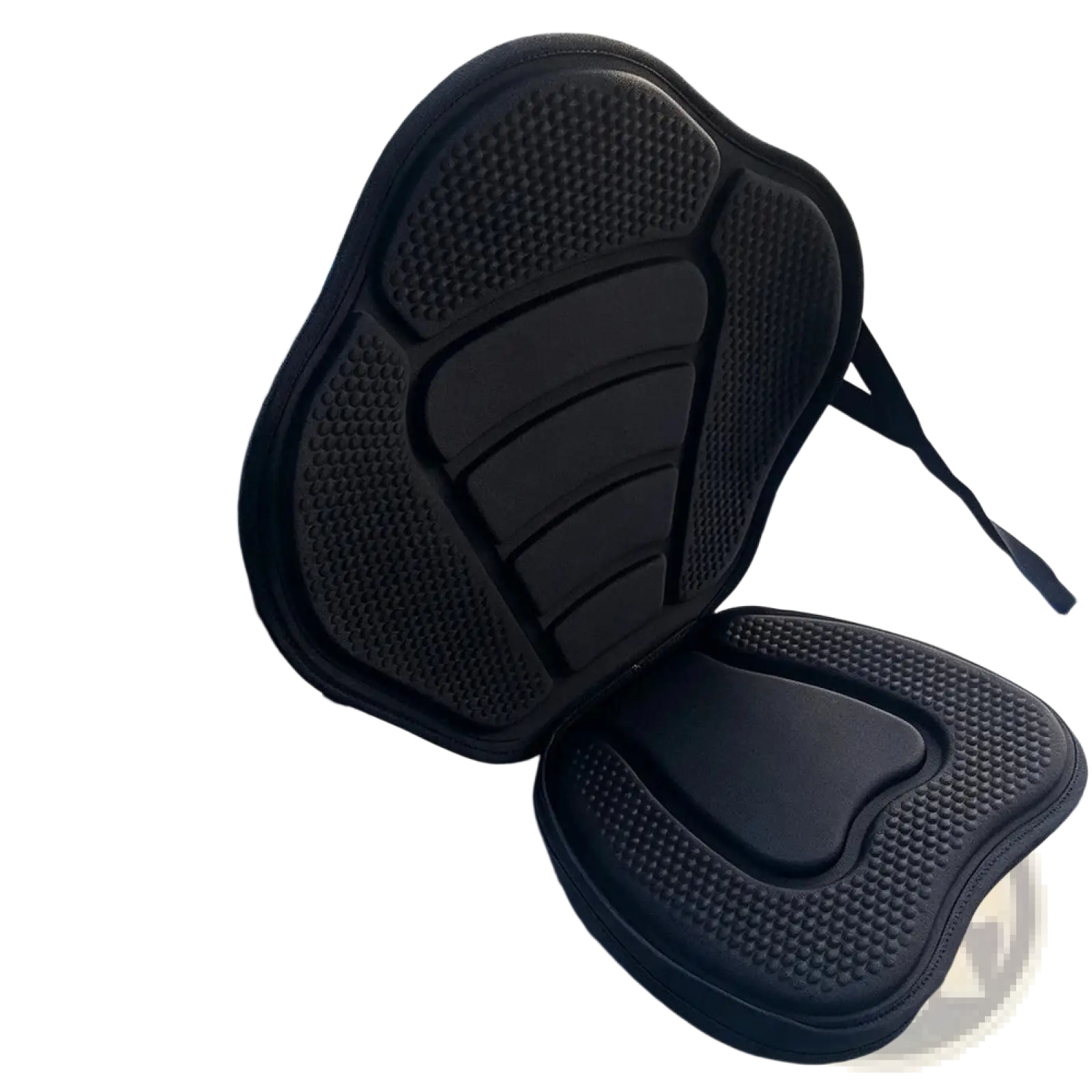 Deluxe padded kayak seat with black textured foam contoured padding and adjustable straps for comfort and support