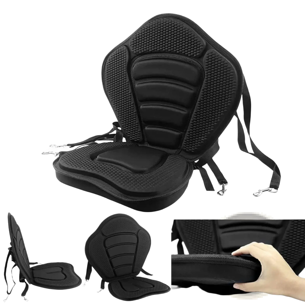 Deluxe padded kayak seat and adjustable backrest with black uice venture motorcycle seat cushion textured design and straps