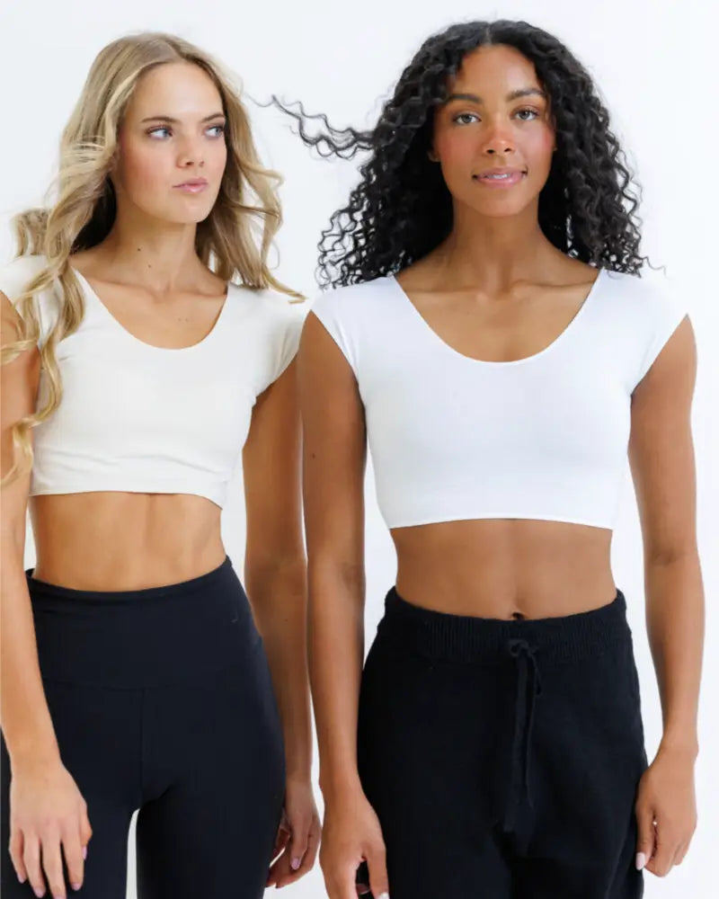 White Demi tri blend fitted crop tee with scoop neckline and sleeveless design for casual wear