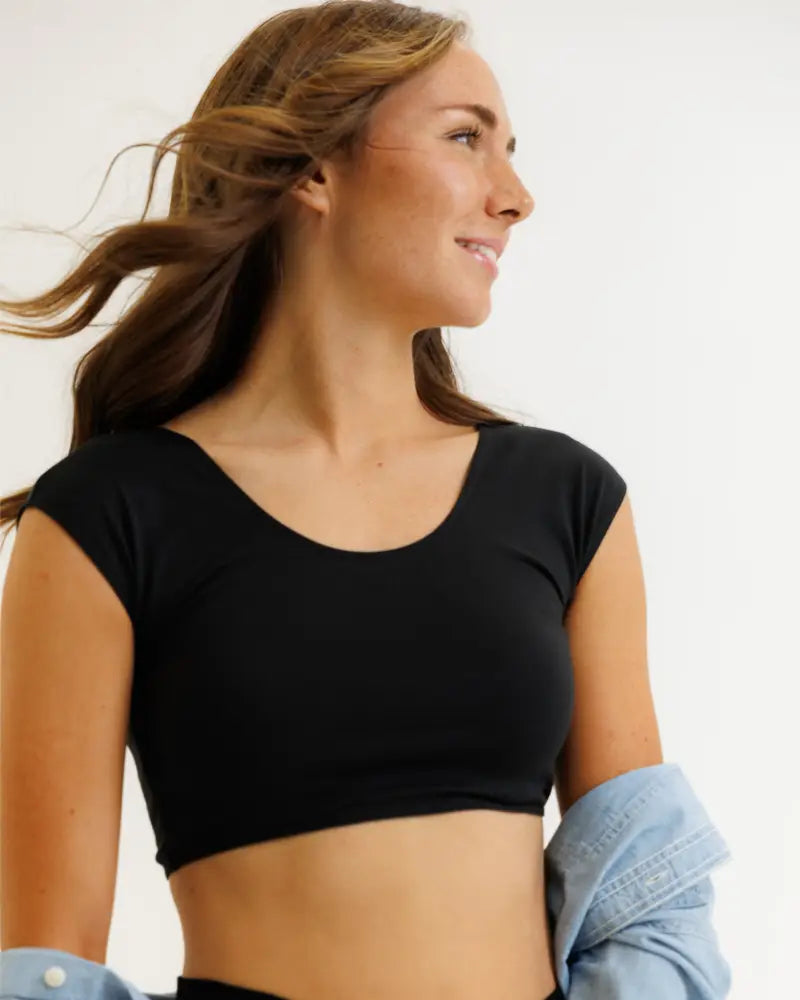 Black demi tri blend fitted crop tee with short sleeves and rounded scoop neckline perfect for casual wear