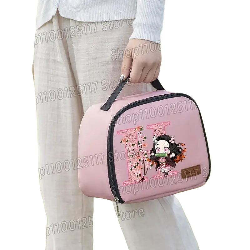 Pink insulated lunch bag with black zipper and handle featuring demon slayer nezuko cartoon design for anime fans