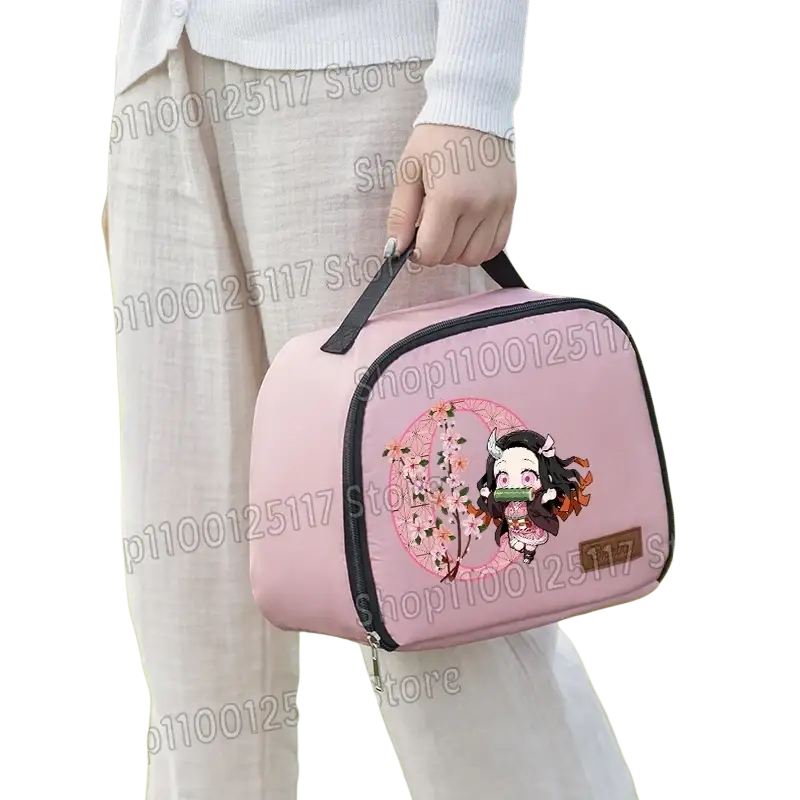 Pink insulated lunch bag with black zipper and handle featuring demon slayer nezuko cartoon character design