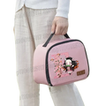 Pink insulated lunch bag with black zipper and handle featuring demon slayer nezuko cartoon design for anime fans