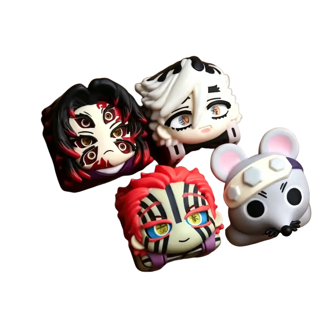Chibi-style demon slayer resin keycap finished goods featuring detailed facial expressions in vibrant molded plastic with glossy finish