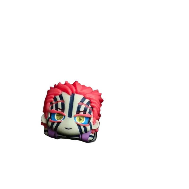 A vibrant red-haired anime resin keycap with black and white striped face markings on keyboard finished goods