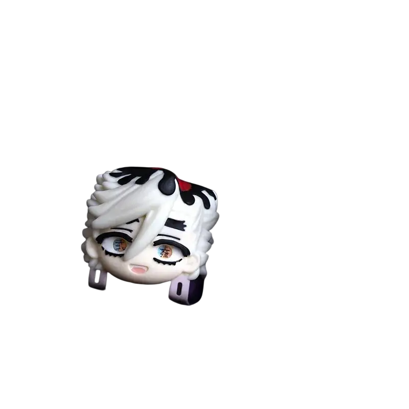 White and black resin anime character face keycap with detailed eyes, hair, and red accents demon slayer finished goods