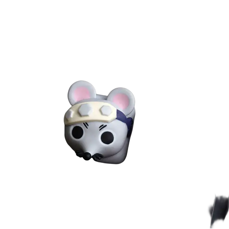 White mouse-shaped resin keycap with pink ears beige hexagonal headband and blue ribbon by lobo keycap finished goods