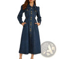 Long-sleeved dark blue denim dress with button front and two pockets casual belted apparel