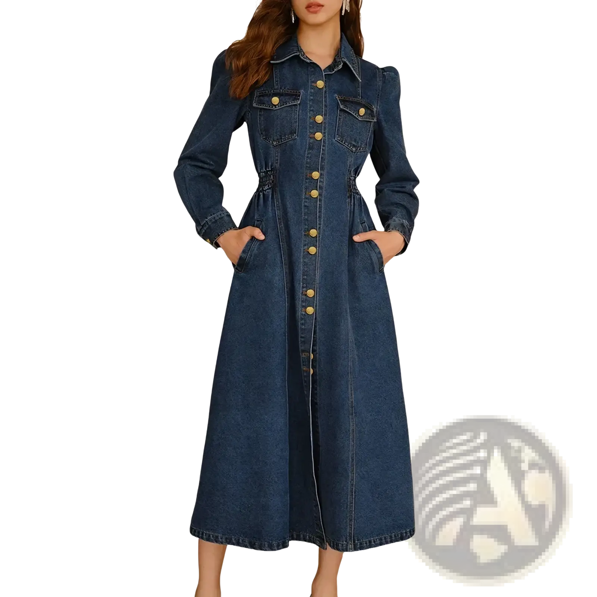 Long-sleeved dark blue denim dress with button front and two pockets casual belted apparel