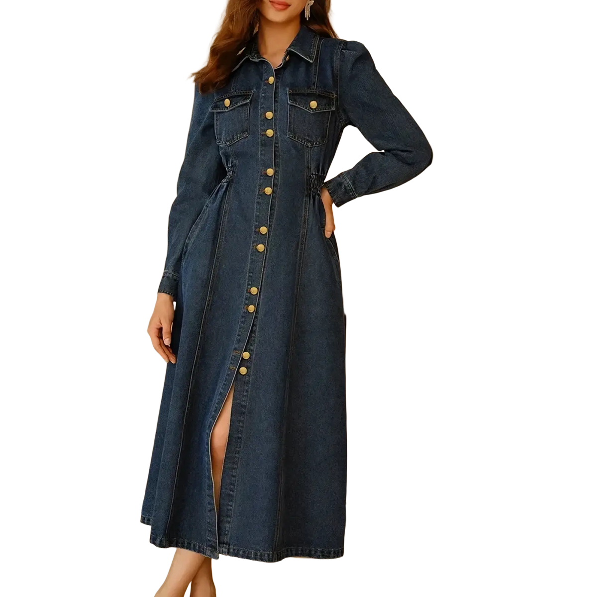 A dark blue denim belt dress with button-down front long sleeves and side slit casual apparel