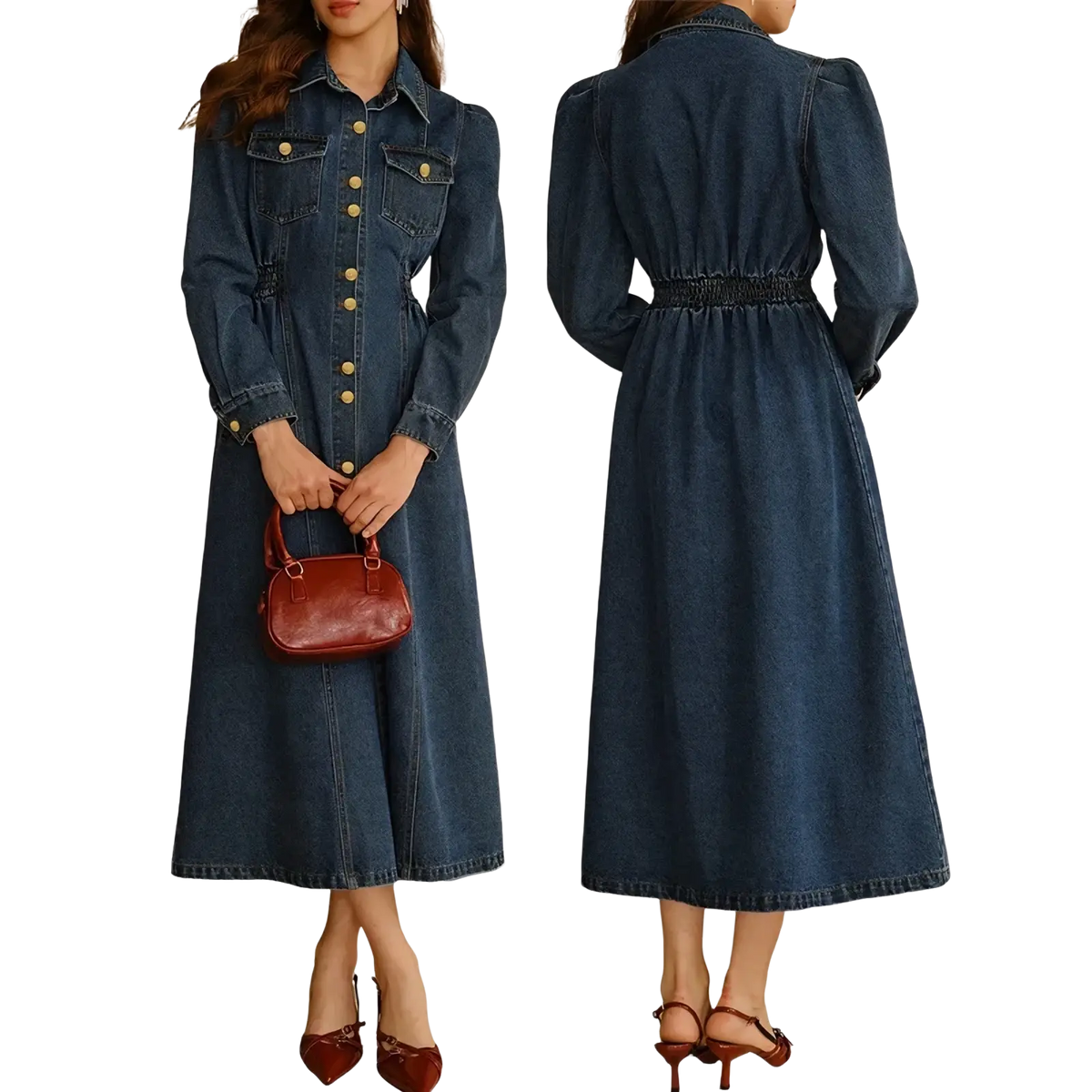 Dark blue denim dress with gold-tone buttons and belted waist short sleeve casual apparel front view