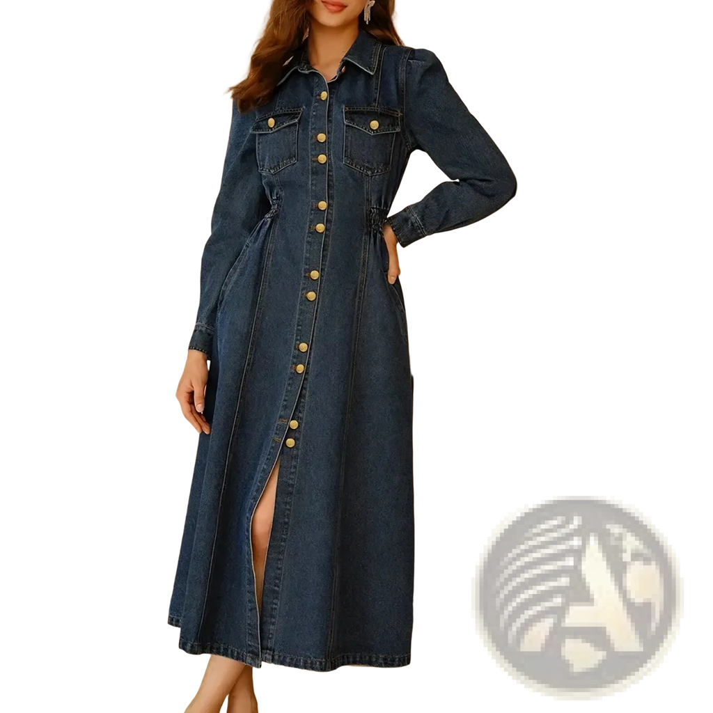 A dark blue denim belt dress with button-down front long sleeves and side slit casual apparel
