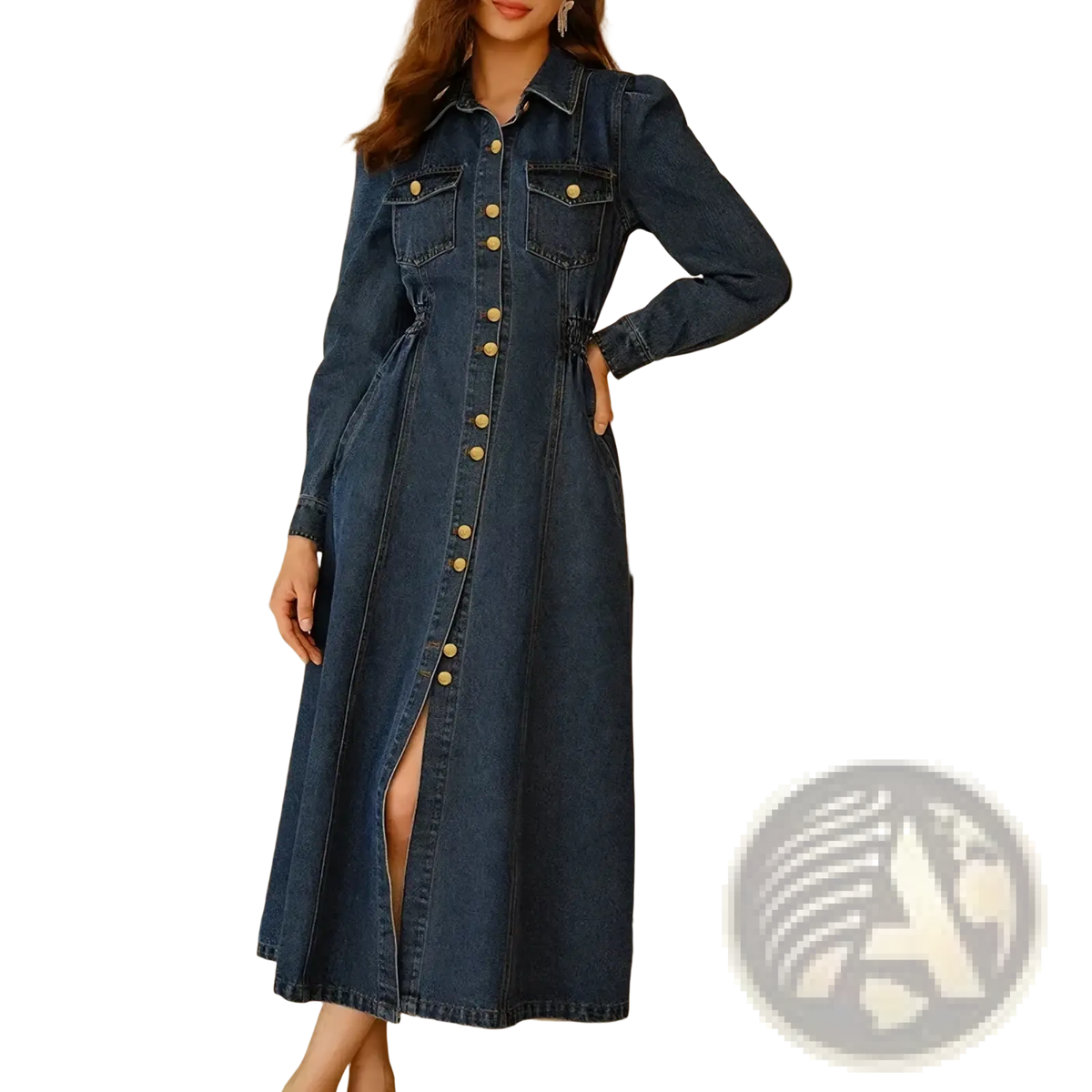A dark blue denim belt dress with button-down front long sleeves and side slit casual apparel