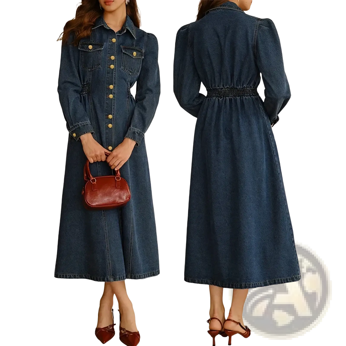 Dark blue denim dress with gold-tone buttons and belted waist short sleeve casual apparel front view