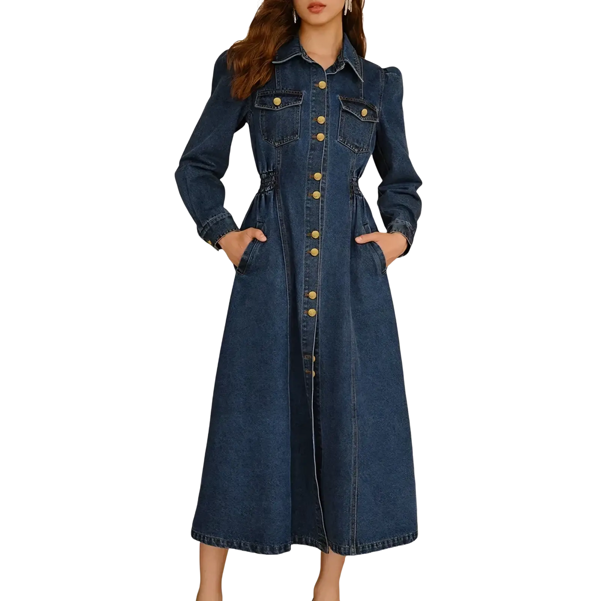 Long-sleeved dark blue denim dress with button front and two pockets casual belted apparel