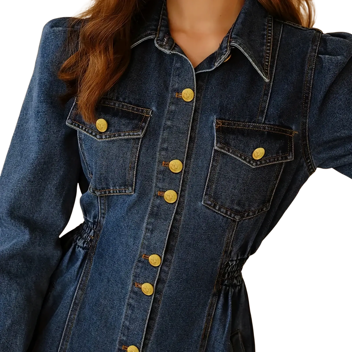 A navy blue denim belted dress with gold-toned buttons and short sleeves for casual wear