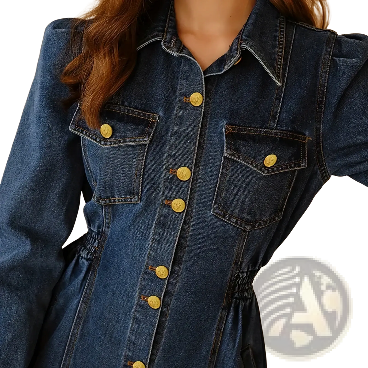 A navy blue denim belted dress with gold-toned buttons and short sleeves for casual wear