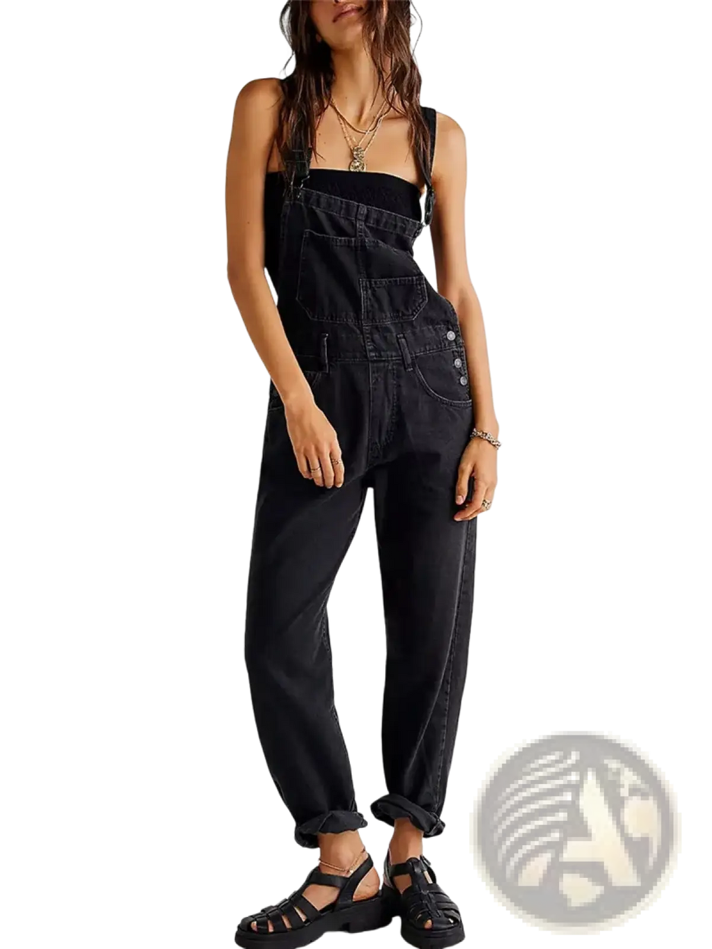 Black denim bib overalls with a loose straight fit and rolled cuffs made of relaxed cotton fabric